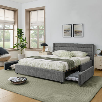 Ledikant – Bedframe – Slaapbank – Bedbank – Stalen Bed – 140x200 cm – Donkergrijs Chenille – 4 Grote Opbergladen – Eenvoudige Montage