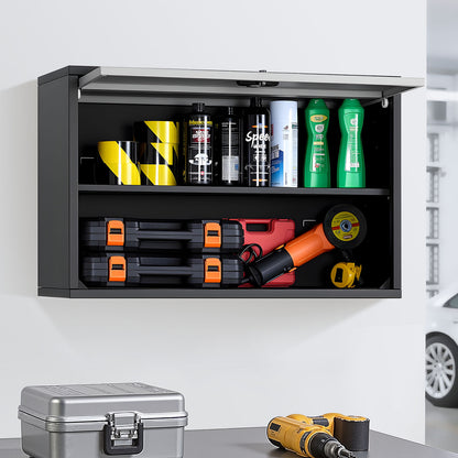 Metalen Wandkast – Geïntegreerde Opberger – Klapdeurkast – Garagekast – Werkplaatskast – Zwart – Space-saving Design – Stevig Koudgewalst Staal