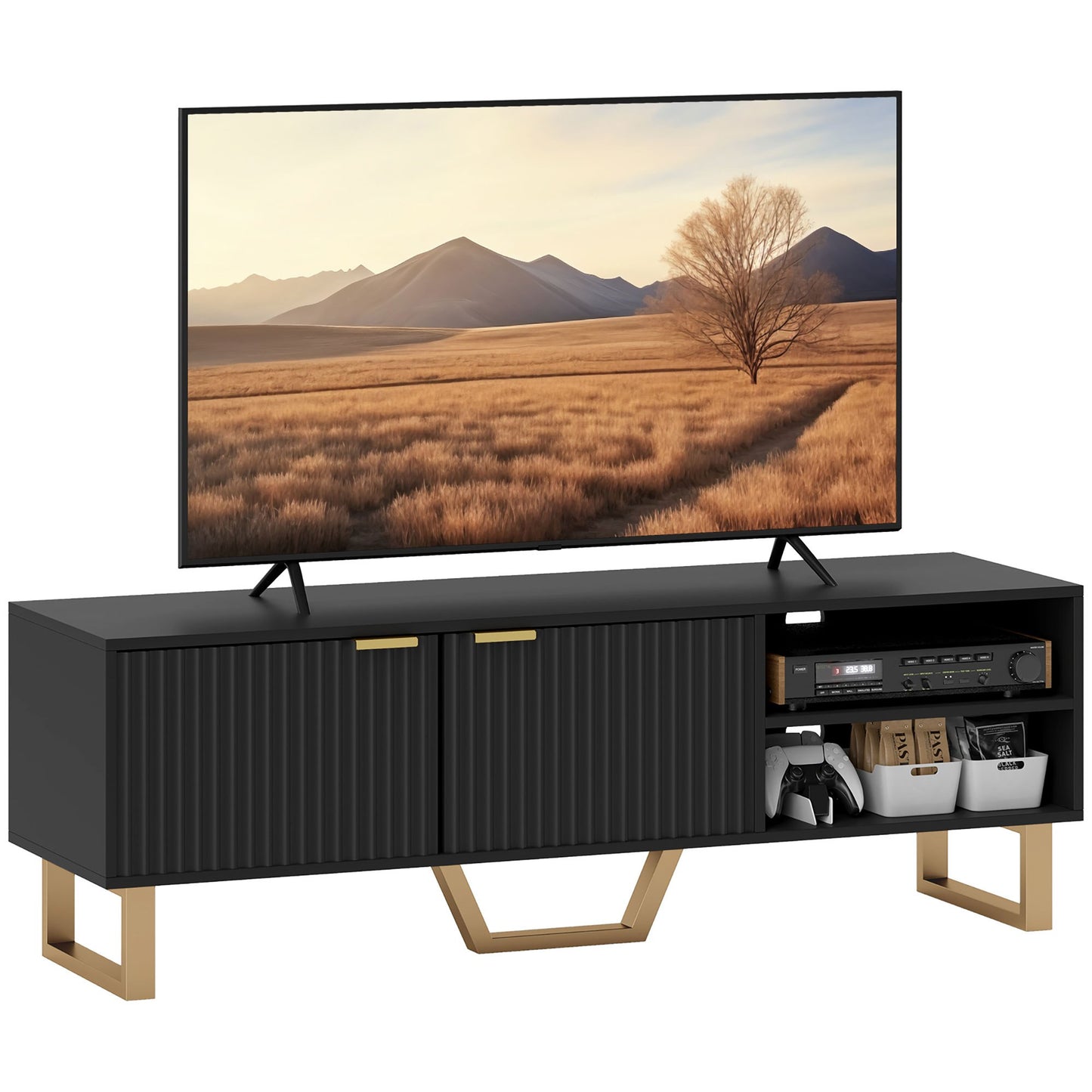 Tv-kast – Meubel voor tv – Mediakast – Tv-meubel – Houten tv-meubel – Mat zwart met gouden accenten – Geschikt voor tv’s tot 70 inch – Ruime opbergruimte met kabeldoorvoer