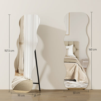 Ganzkörperspiegel – Full Length Spiegel – Staande Spiegel – Wandspiegel – Zwarte Spiegel – Houten Basis – Golvend Design – Zonder Frame – Flexibel Plaatsbaar