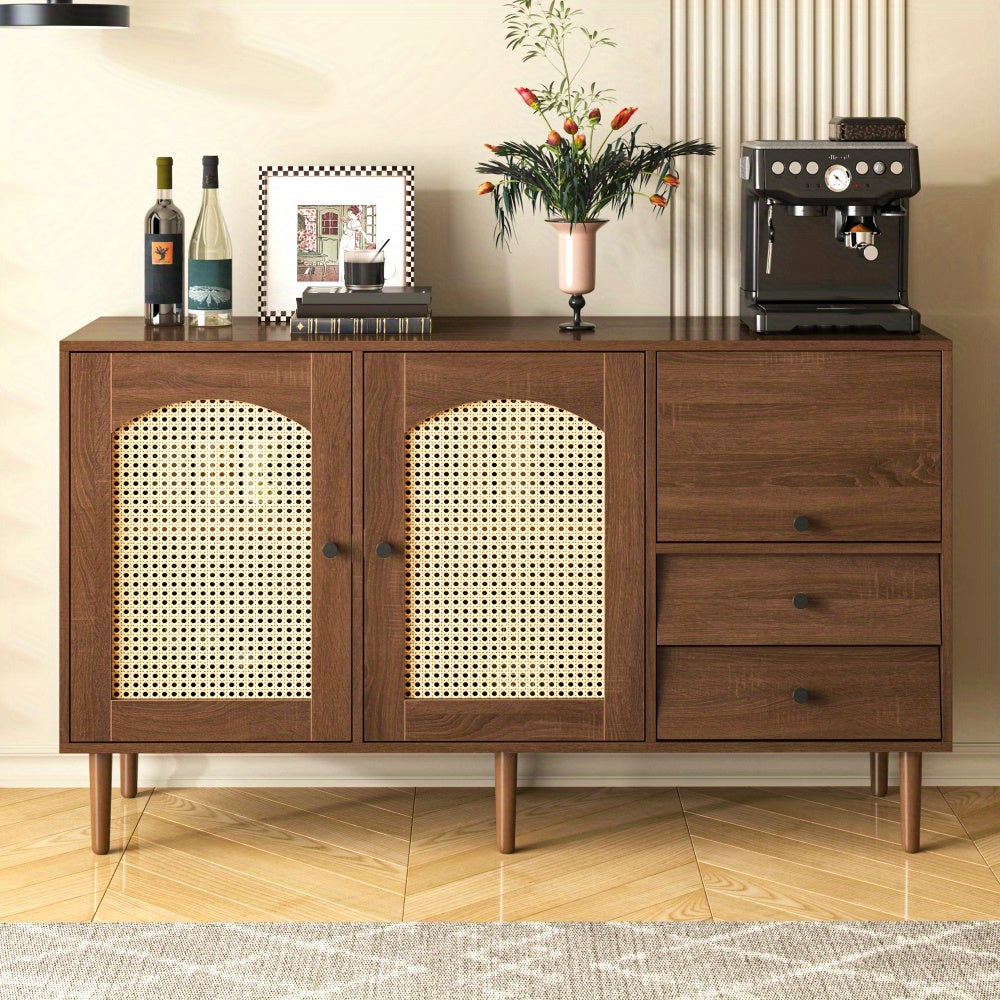 Dressoir – Sideboard – Opbergkast – Kast – Buffetkast – Landelijke Stijl – Rieten Deuren – Magnetische Sluiting – Verstelbare Legplanken – 130 x 75,5 x 40 cm – Stevige Constructie