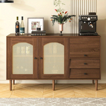 Dressoir – Sideboard – Opbergkast – Kast – Buffetkast – Landelijke Stijl – Rieten Deuren – Magnetische Sluiting – Verstelbare Legplanken – 130 x 75,5 x 40 cm – Stevige Constructie