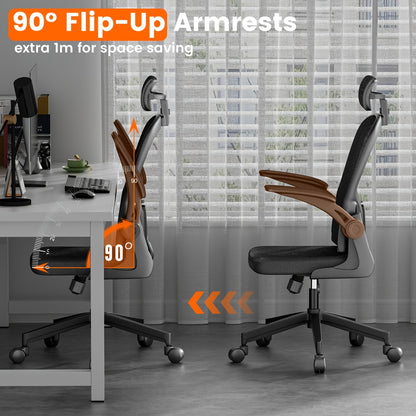 Ergonomic Office Chair With Adjustable Lumbar Support & Breathable Mesh Back - Certified For Home/Office Use [ Comfort & Flip-Up Arms]