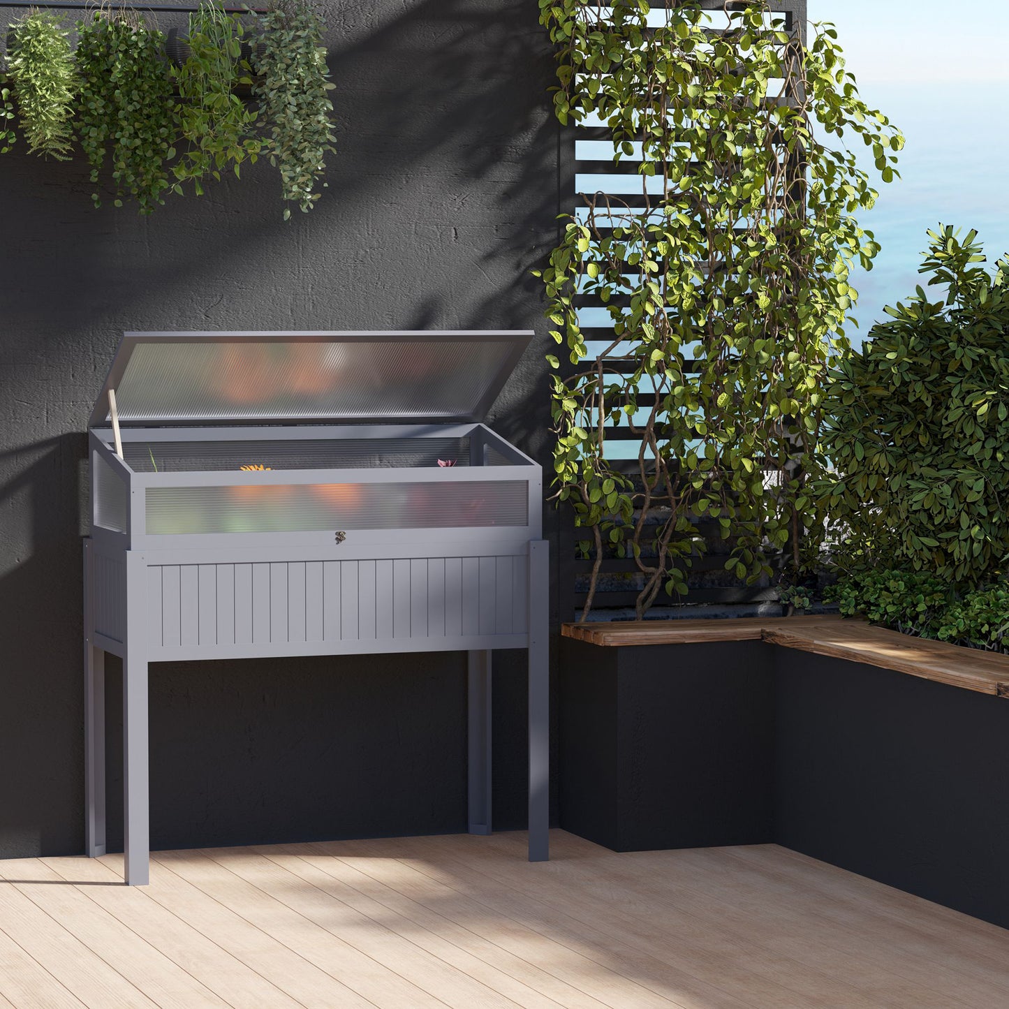 Houten Verhoogde Tuinbak – Koude Kas – Groentebak – Kruidenbak – Tomatenkas – Grijs – Polycarbonaat Afdekking – 120 x 54 x 122 cm