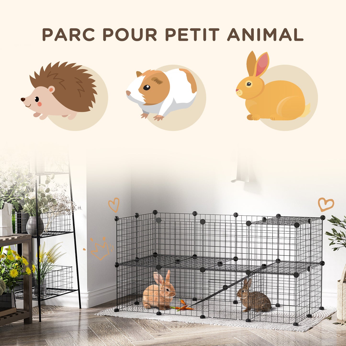 Speelomheining Klein Dieren – Ren Voor Cavia’s – Konijnenren – Draadomheining – Huisdierren Zwart – Modulair 2 Laags – Afgeronde Randen – Robuust Draadmetaal 146x73x73 cm