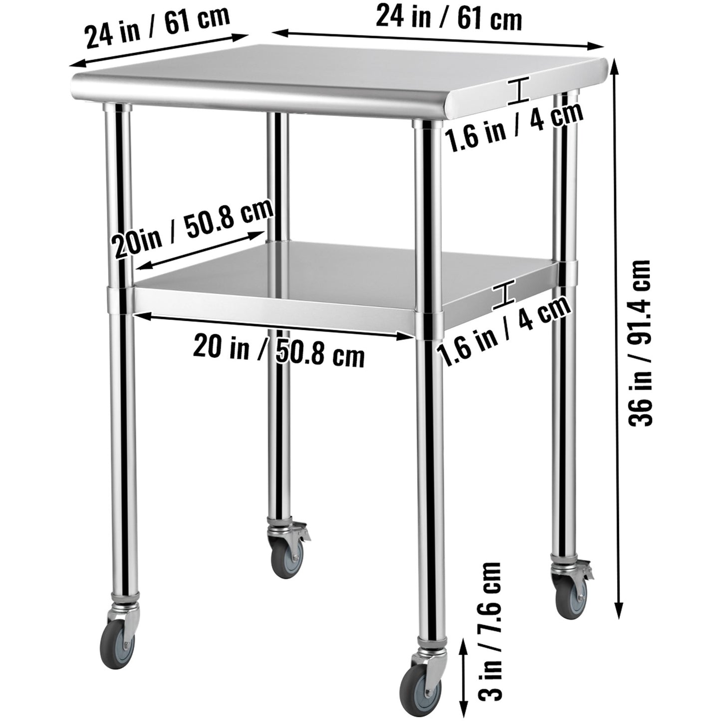 VEVOR Stainless Steel Prep Table, 24 x 24 x 36 Inch, 600lbs Load Capacity Heavy Duty Metal Worktable with Adjustable Undershelf & Universal Wheels, Commercial Workstation for Kitchen Garage Backyard