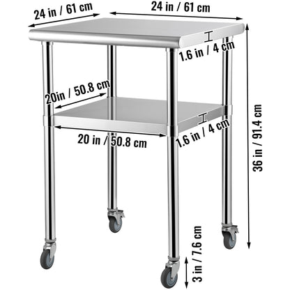 VEVOR Stainless Steel Prep Table, 24 x 24 x 36 Inch, 600lbs Load Capacity Heavy Duty Metal Worktable with Adjustable Undershelf & Universal Wheels, Commercial Workstation for Kitchen Garage Backyard