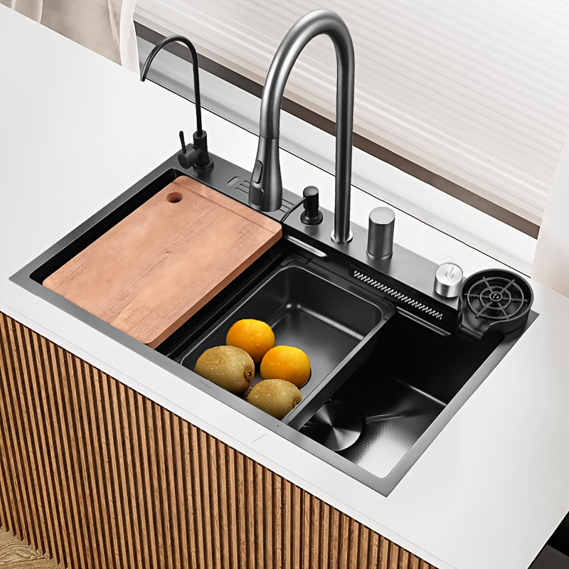 RVS Keukenset – Gootsteen – Spoelbak – Aanrechtblad – Werkstation – Touchgevoelige Watervalkraan – Zelfrandend Design – Rechtse Afvoer – Polished 304 Roestvrij Staal – Inclusief Snijplank en Bekerspoeler