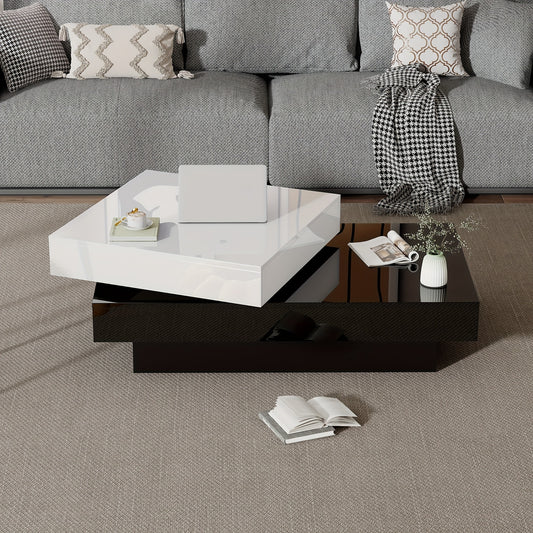 Salontafel – Draaibare Tafel – Bijzettafel – Woonkamertafel – Tafel – Zwart-Wit – 360° Draaibaar – Hoogglans Afwerking – Dubbellaags Ontwerp – Compact & Gemakkelijk Montage