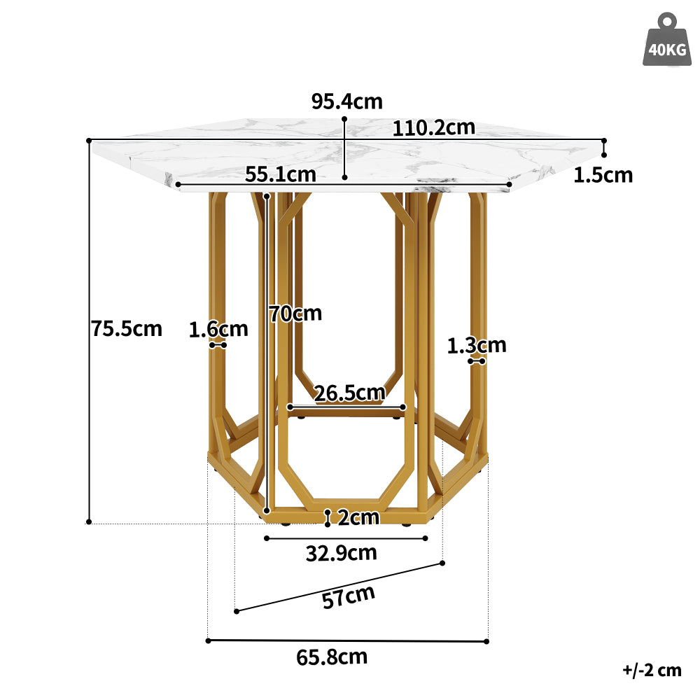 Eettafel – Dinertafel – Tafeltje – Keukentafel – Tafel Voor Eetkamer – Hexagonaal Wit Marmerblad – Gouden Metalen Poten – Ruimtebesparend & Modern Design