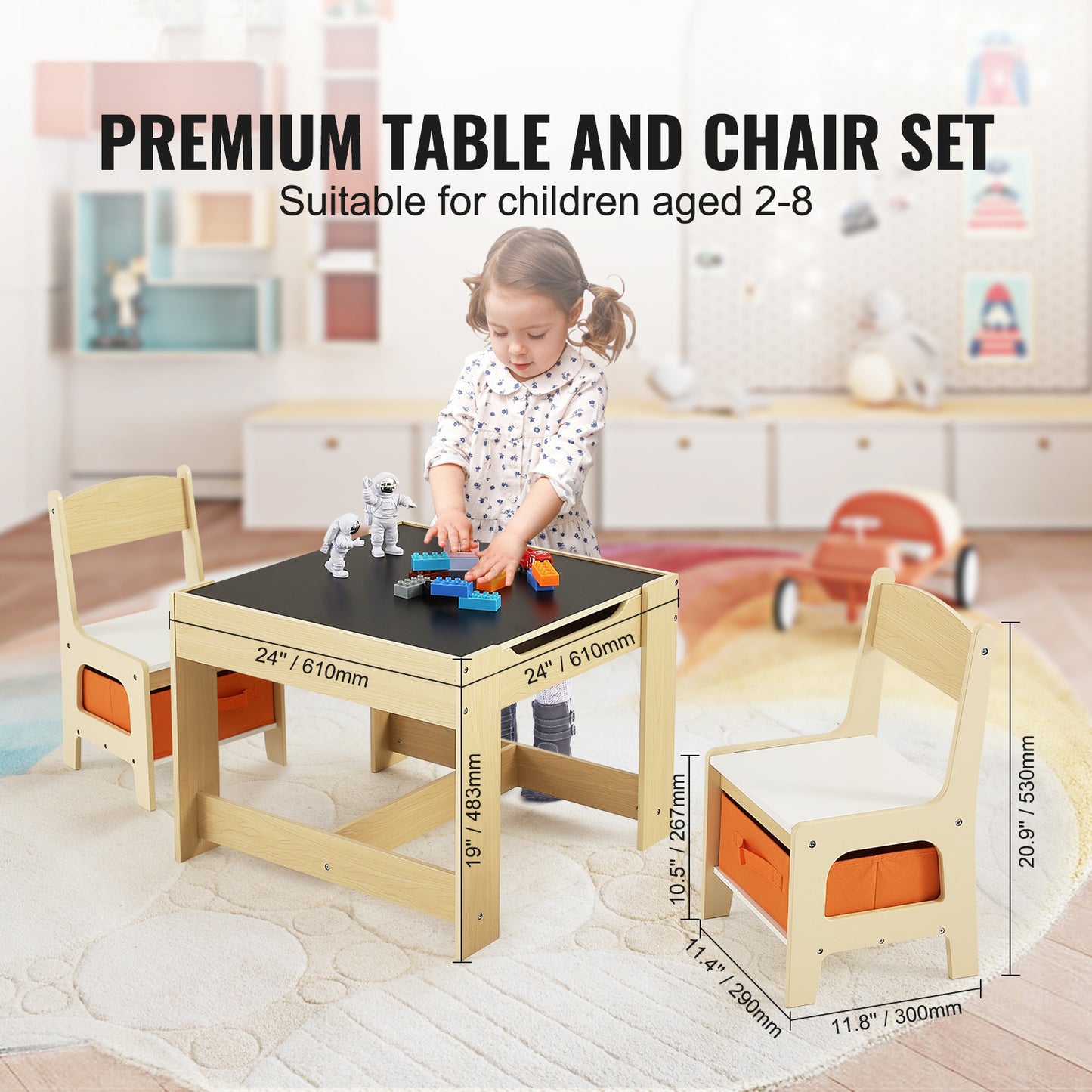Kinderstoel met Tafel – Kinderstoelen Set – Speeltafel – Knutseltafel – Eettafeltje – MDF Variant – Verstelbaar Tafelblad Met Whiteboard & Krijtbord – Inclusief Opbergruimte