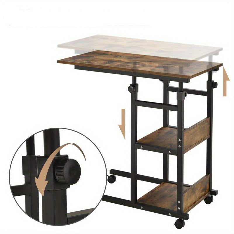 Verstelbare Salontafel – Bijzettafel – Koffietafel – Wieltjes Tafel – Opbergtafel – Verstelbare Hoogte 72-82 cm – Zwart Metaal & Hout