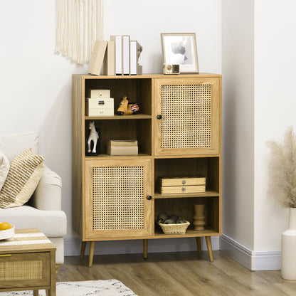 tv meubel – tv kast – dressoir – mediameubel – opbergmeubel – modern design – hoog dressoir 90x32,5x120 cm – hout met rotan accenten – kabeldoorvoer en wandmontage