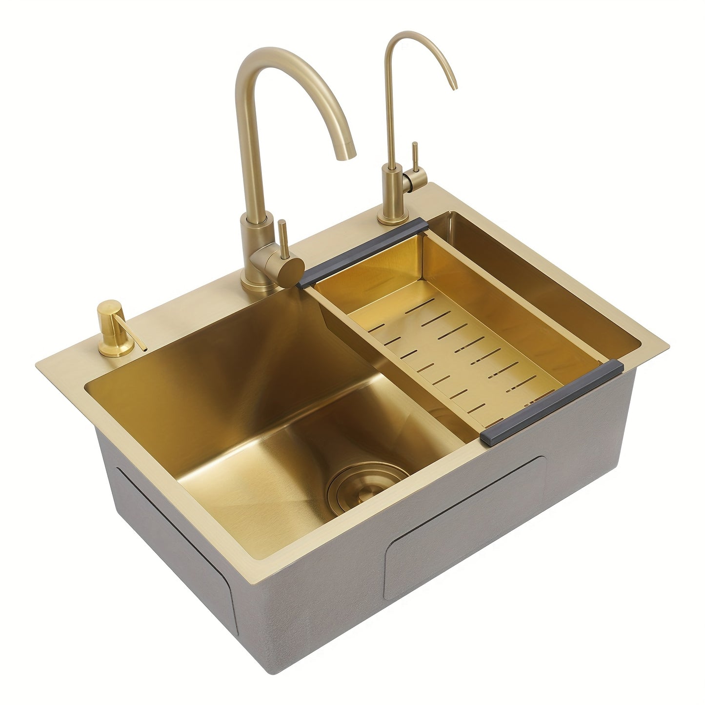 Enkele Spoelbak – Keukenspoelbak – Inbouwspoelbak – Onderbouwspoelbak – RVS Goudkleurig – 60x45 cm – Inclusief 2 Kraan Gaten, Zeepdispenser en Afloopmandje