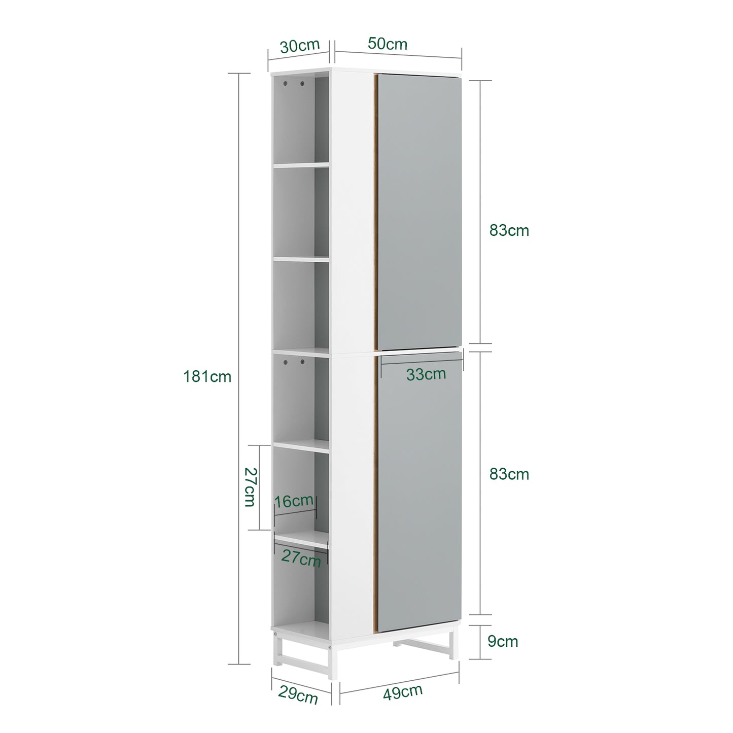 Hoge Kast Badkamer – Badkamerkast Opbergkast Kolomkast Smalle Kast – 50x30x181 Cm – Vochtbestendig MDF – Flexibele Deurmontage