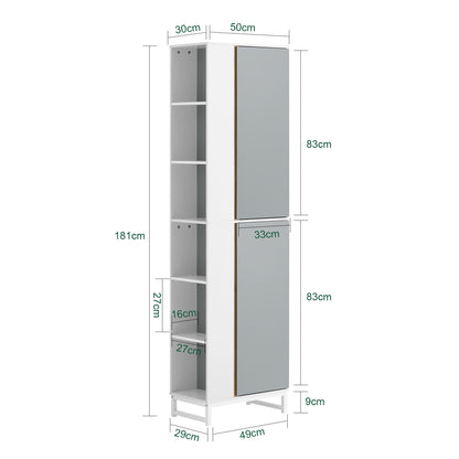 Hoge Kast Badkamer – Badkamerkast Opbergkast Kolomkast Smalle Kast – 50x30x181 Cm – Vochtbestendig MDF – Flexibele Deurmontage