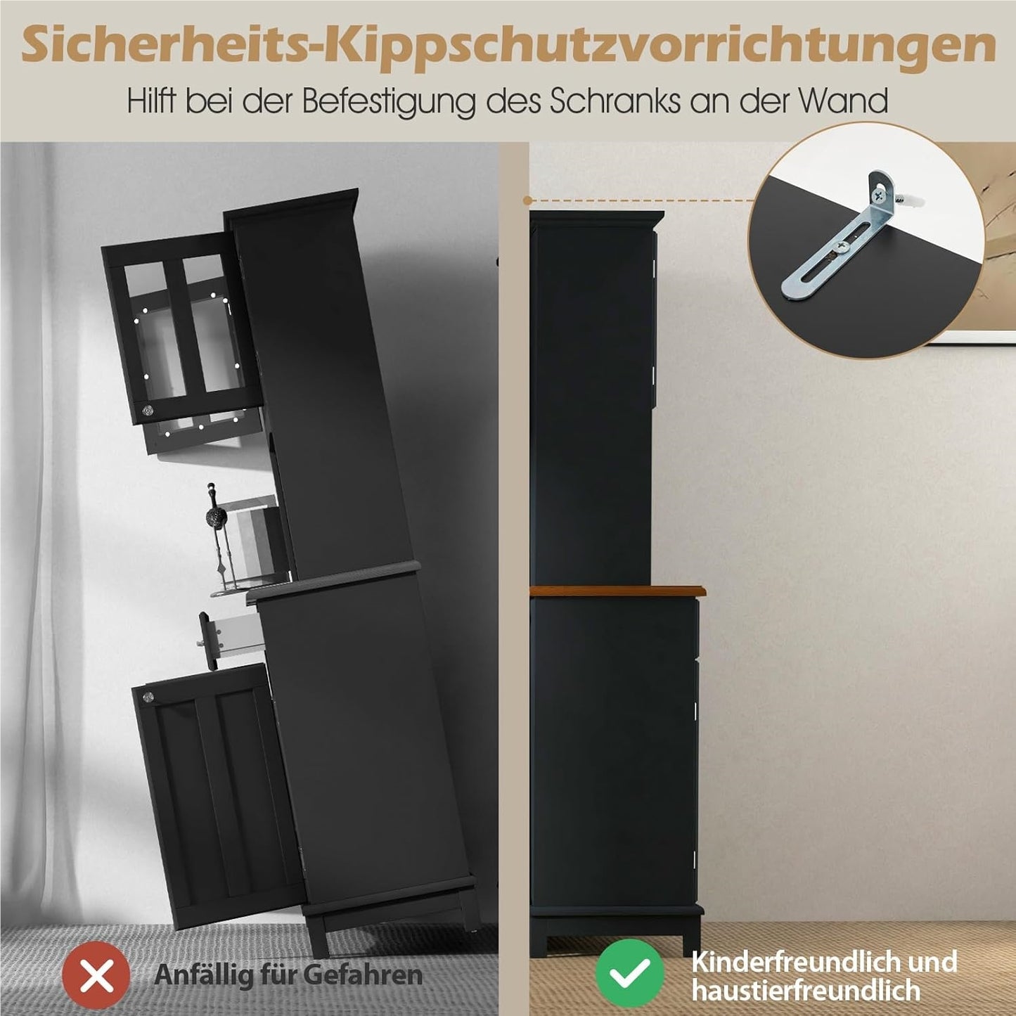 Keukenkast – Keukenbuffet – Kast – Dressoir – Opbergkast – Zwart – 3 Laden En Verstelbare Planken – Wijnrek En Open Schappen – 112x43x184,5 cm