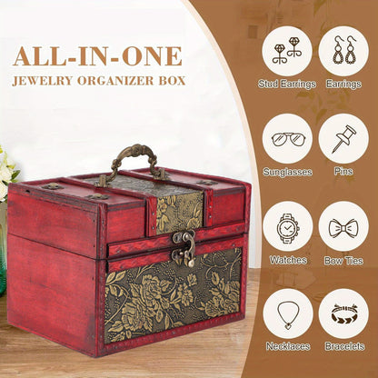 Houten Sieradendoos – Sieraden Organizer – Sieradenhouder – Sieradenkistje – Houten Bewaarbox – Vintage Mozaïekpatroon – Compacte Afmeting 18x13x12 cm