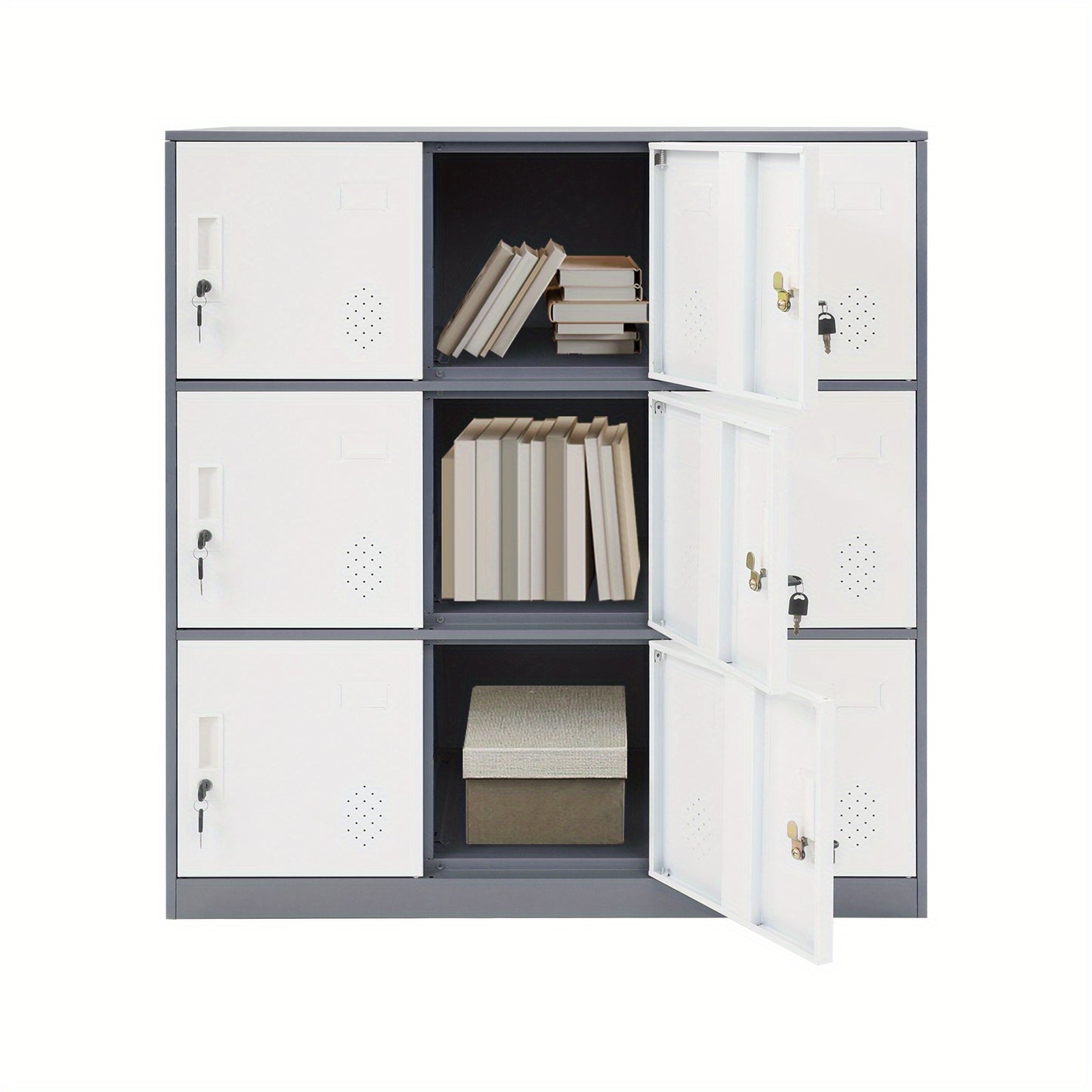 9-Door Heavy-Duty Lockable Metal Storage Cabinet with Card Slots & Key Lock - Modern & Gray Contemporary Floor-Standing Office Cabinet, 9-Slot Organizer for Home Office, School, Business - Easy Assembly, No Electrical Require