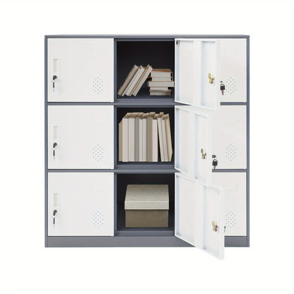 9-Door Heavy-Duty Lockable Metal Storage Cabinet with Card Slots & Key Lock - Modern & Gray Contemporary Floor-Standing Office Cabinet, 9-Slot Organizer for Home Office, School, Business - Easy Assembly, No Electrical Require