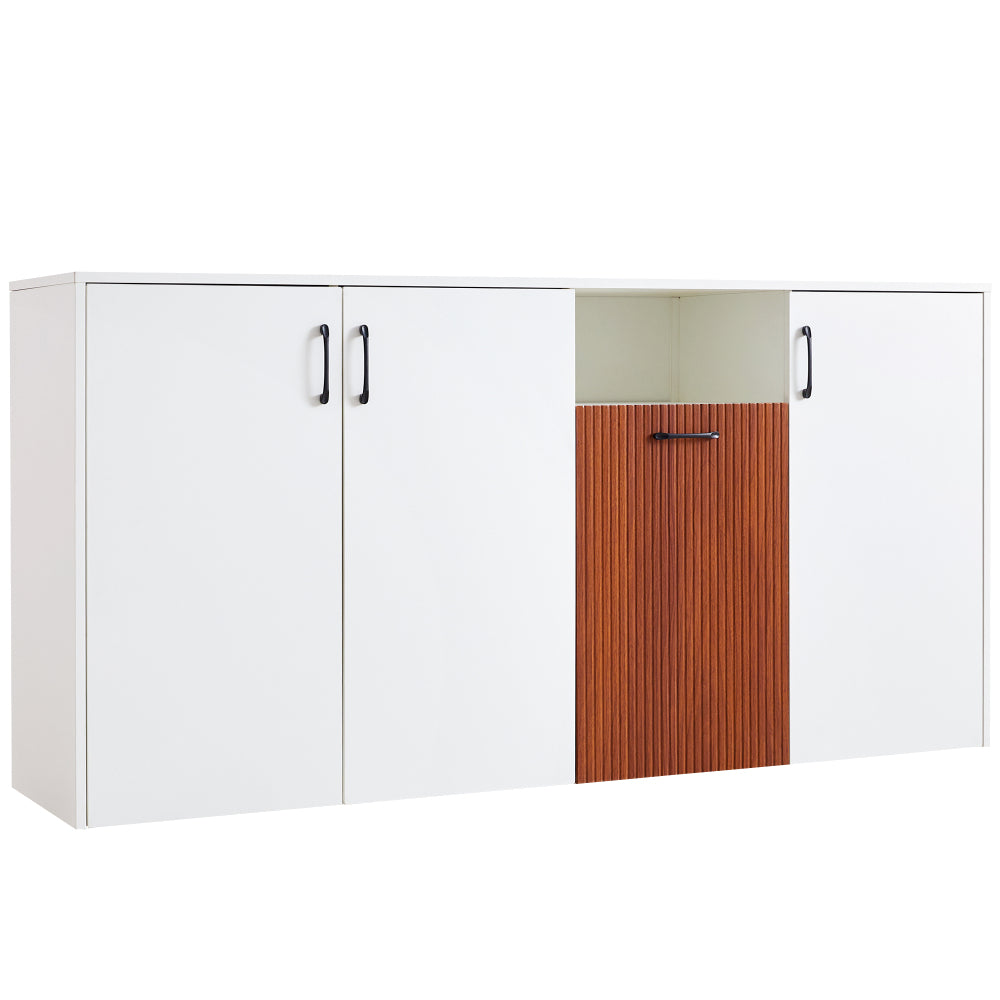 Dressoir – Sideboard – Opbergkast – Buffetkast – Ladekast – Modern Wit & Natuurlijk Bruin – Massief Hout & Spaanplaat – 160x40x80 cm – Vrijstaand Met Deuren En Open Plank