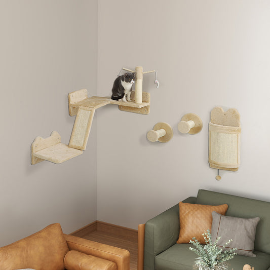 Wandrek Kat – Kattenmeubel – Klimmeubel Kat – Krabpaal Wand – Speelmeubel Kat – Beige Kleur – Ruimtebesparend Ontwerp – Inclusief Krabpalen en Speelplatform