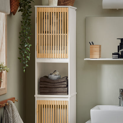 Hoge Badkamerkast – Smalle Opbergkast – Badkamermeubel – Kolomkast – Toiletkast – Vochtbestendig MDF & Bamboe – Anti-Omvalbeveiliging 33x33x165 cm
