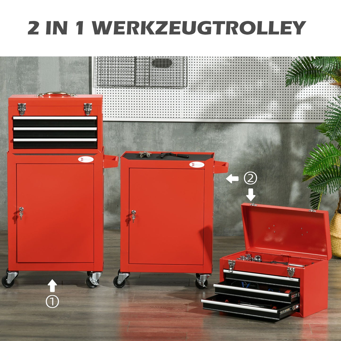 Gereedschapskoffer – Gereedschapstrolley – Opbergtrolley – Werkplaatswagen – Sorteerbox – 2-in-1 Afneembare Kist – Verstelbare Laden Met EVA Bescherming