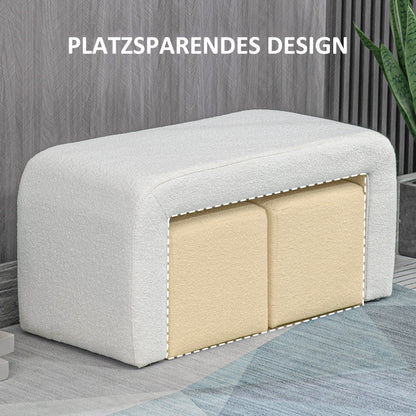 Poef Set – Ottoman – Voetenbankje – Zitelement – Bijzetpoef – Crème – 3-Delig – Button Tufted Design – 89x42,5x45 cm
