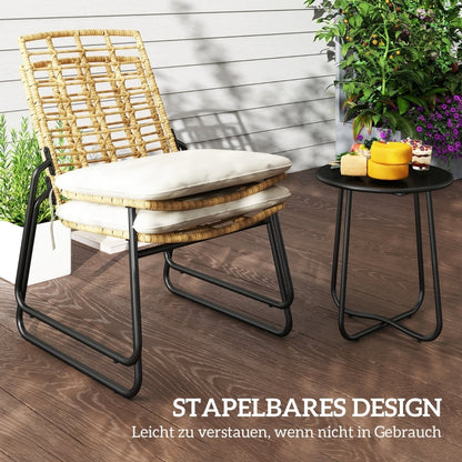 3-delige Rattan Tuinset – Balkonset – Loungeset – Buitenmeubels – Tuinmeubelen – Weerbestendig Rattan – Inklapbare Stapelstoelen – Beige