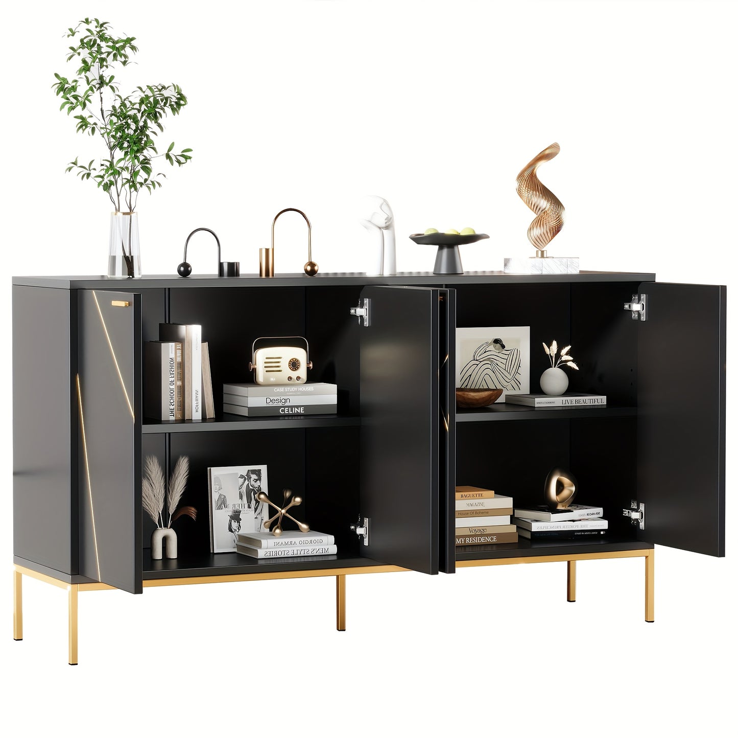 Dressoir – Sideboard – Opbergkast – Ladekast – Buffetkast – Zwart Met Gouden Accenten – Stevige Metalen Constructie – Compact 31,5x59x15 cm