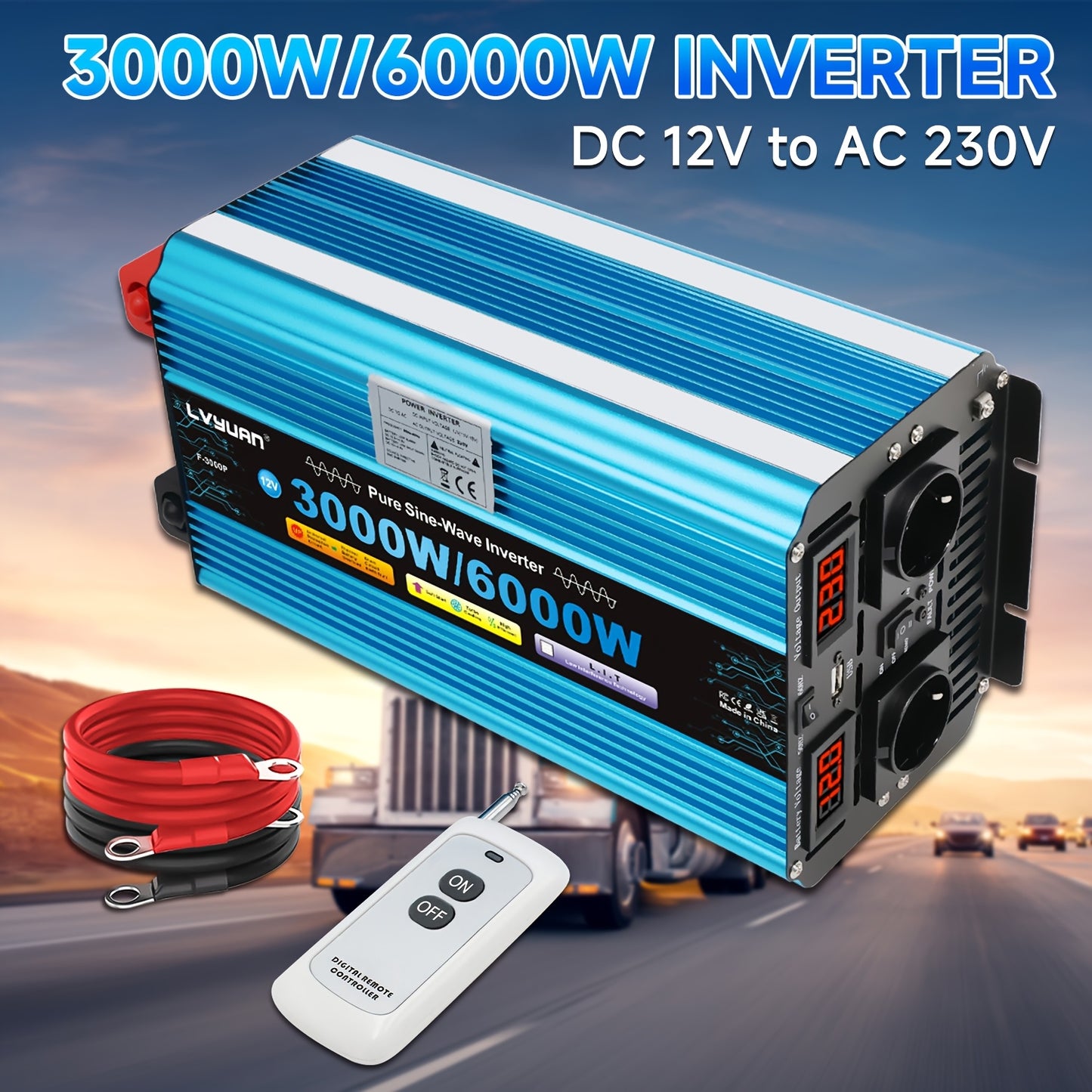 Omvormer – Spanningsomzetter – Stroomomzetter – Inverter – 12V Naar 220V Converter – Krachtige 3000W Output – Robuuste Aluminium Behuizing