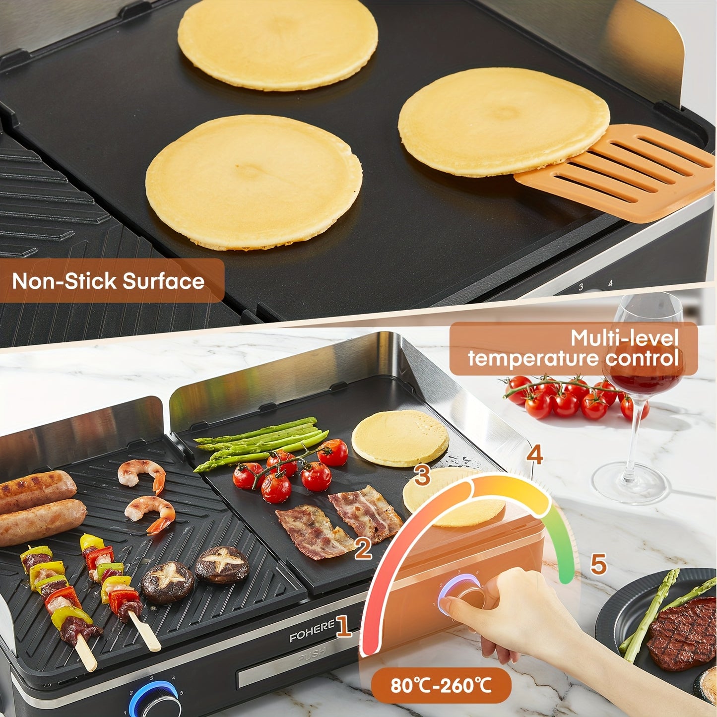 Elektrische Grill – Tafelgrill – Bakplaat – Contactgrill – Gourmetplaat – 2400W Vermogen – Groot 25x30 cm Non-stick Platte