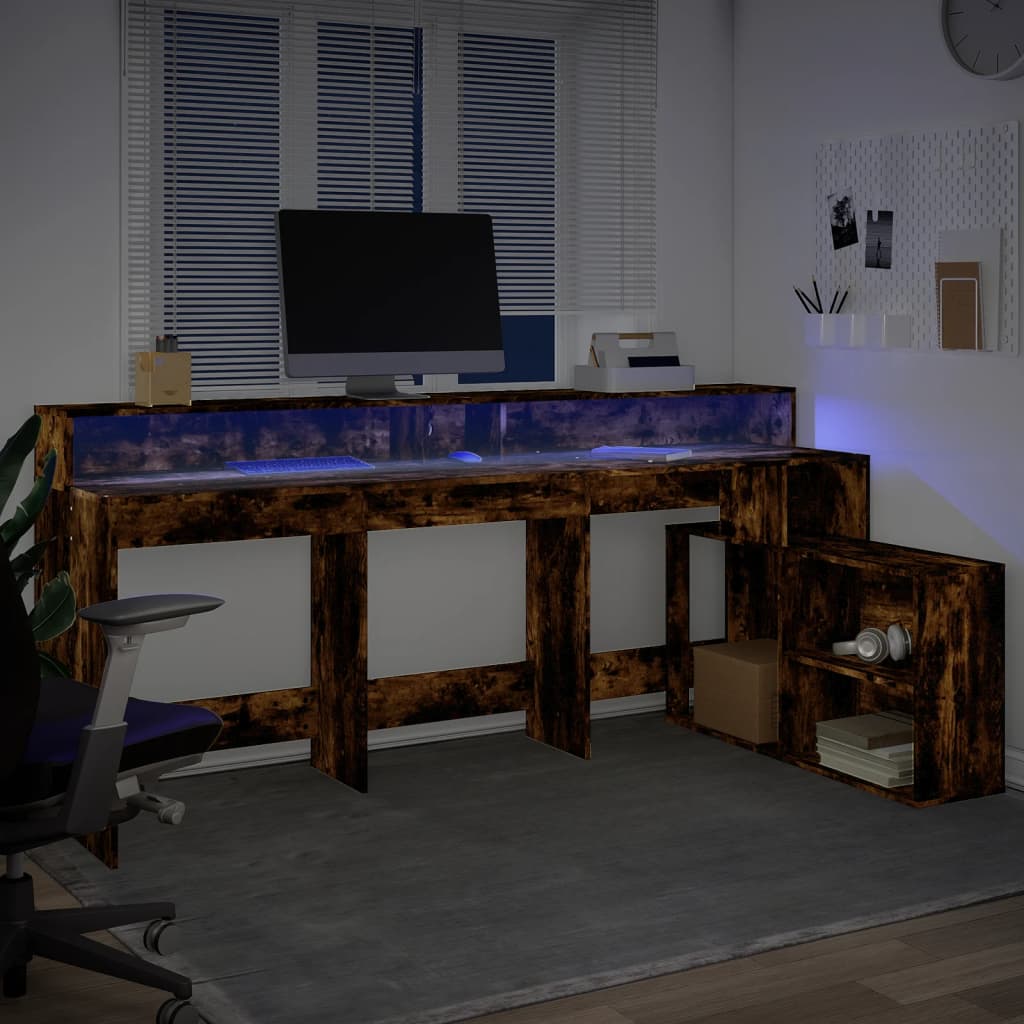 Bureau – Werkplektafel – Laptoptafel – Schrijftafel – Computertafel – Smoked Oak Kleur – RGB LED Verlichting – Ruime Opbergruimte