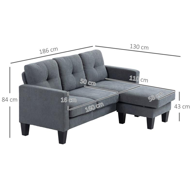 Hoekbank – Hoekzetel – L-vormige Bank – Loungesofa – Slaapbank – Reversible Hoekbank – Massief Houten Frame – Compacte Donkergrijze Polyester Linnenstof