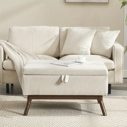 Opbergpoef – Opbergbox – Zitkussen – Poefbank – Voetenbank – Beige – Mid-Century Modern – Microvezel Bekleding – Houten Frame – Ruime Opbergruimte – Lichtgewicht & Compact