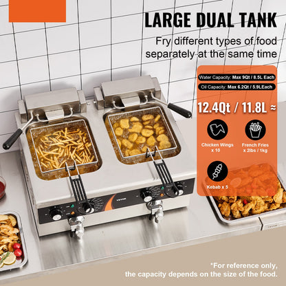 Friteuse – Frituurpan – Elektrische Frituurpan – Dubbele Frituurpan – 2x 8,5 Liter – 3000W Vermogen – RVS Behuizing