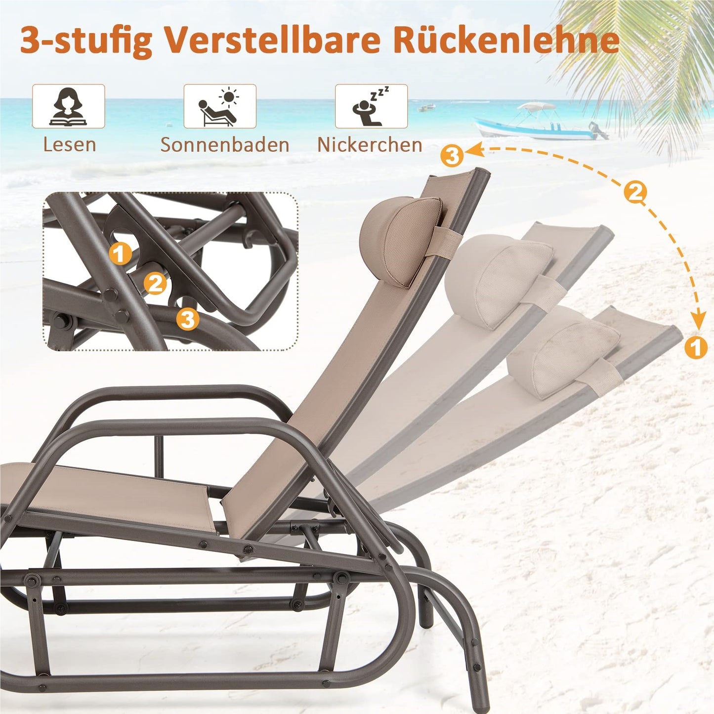 Ligbed – Ligstoel – Schommelstoel – Tuinstoel – Loungebed – 3-Standen Verstelbare Rugleuning – Ademend Sneldrogend Stof – Bruin