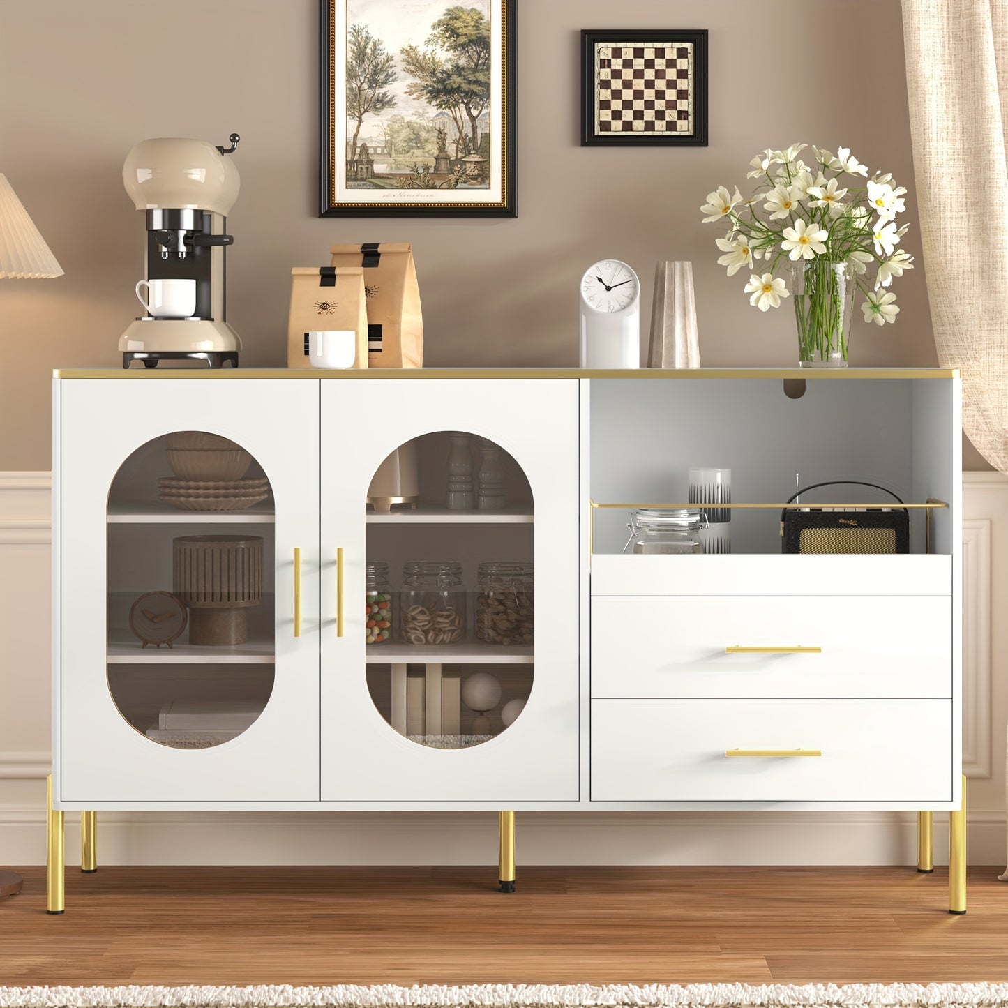 Wit Dressoirkastje – Opbergkast – Kastje – Bureaukast – Dressoir – 2 Lades & 2 Glazen Deurtjes – 3,2+ Kubieke Voet Opbergruimte – 68,5 cm Hoog – Vrijstaand – Gouden Accenten