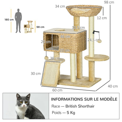 Kattenkrabpaal – Klimeiland – Speeltoren – Kattenhuis – Krabmeubel – Inclusief Hangende Pomponnen – 98 cm Hoog – Beige
