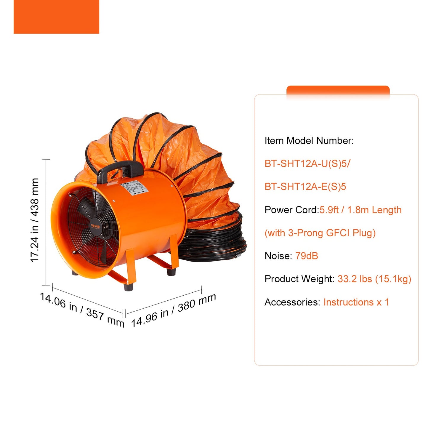 Ventilator – Luchtverplaatser – Ventilatiesysteem – Koelventilator – Luchtblazer – Draagbaar Ontwerp – 304,8 mm Ventilatorwiel – 5 Meter Luchtslang
