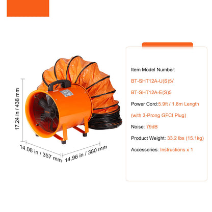 Ventilator – Luchtverplaatser – Ventilatiesysteem – Koelventilator – Luchtblazer – Draagbaar Ontwerp – 304,8 mm Ventilatorwiel – 5 Meter Luchtslang