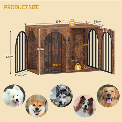 Hondenbench – Hondenkooi – Hondenkast – Hondenhok – Huisdierenbench – Retro Bruin – 3-Deurs Boogvormige Deur – Stevig Houten Meubel – 108 x 64 x 76 cm