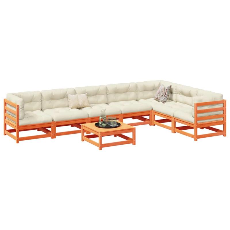 8pcs. Garden sofa carnitur with pillow wax brown pine wood,  Rustic Design, Weatherresistant Fabric, Sectional Sofa, Modular Furniture, Small Space Living