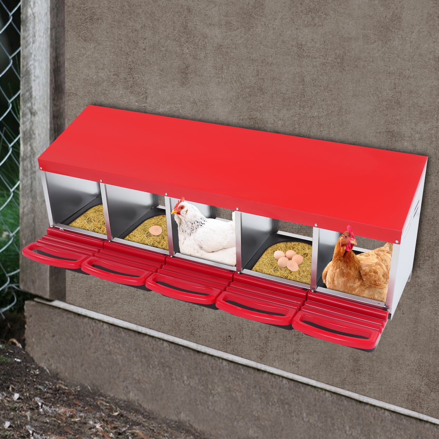 Kippenhok Nestkast – Nest Box – Legnest – Kippennest – Eieren Verzamelen – 5 Compartimenten – Gegalvaniseerd Staal – Rood