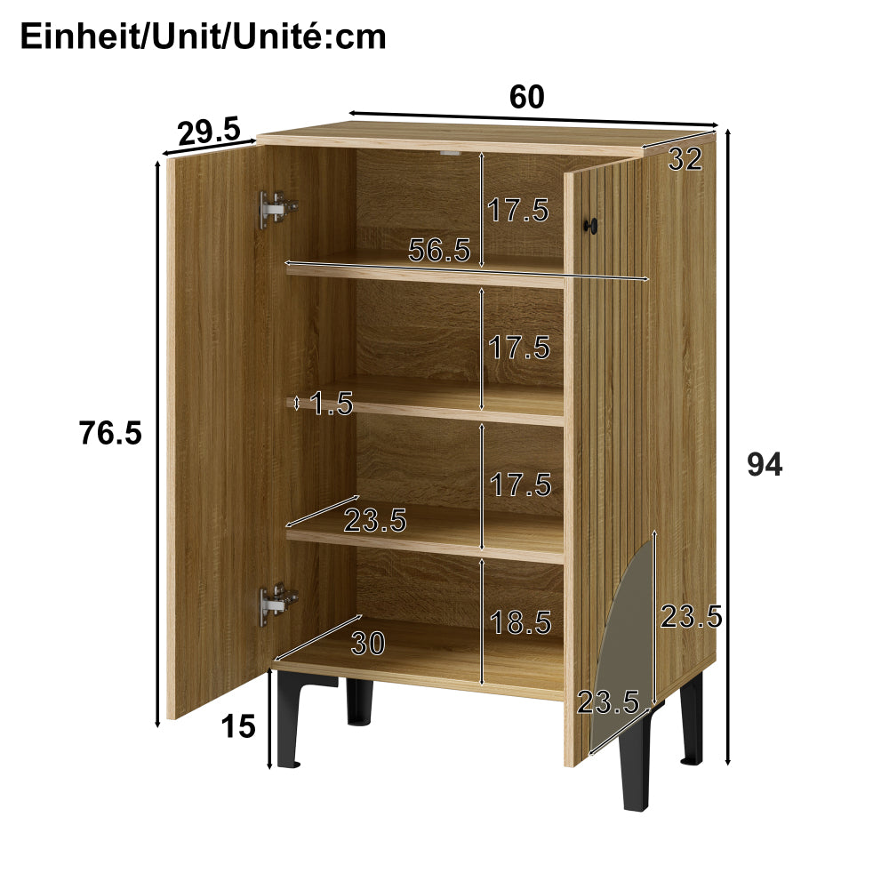 Schoenenkast – Schoenenrek – Schoenenkastje – Schoenopberger – Schoenmeubel – Modern – Ruimtebesparend – MDF Met Zwart Metalen Frame – 60x32x94 cm – Meerdere Planken – Deuren
