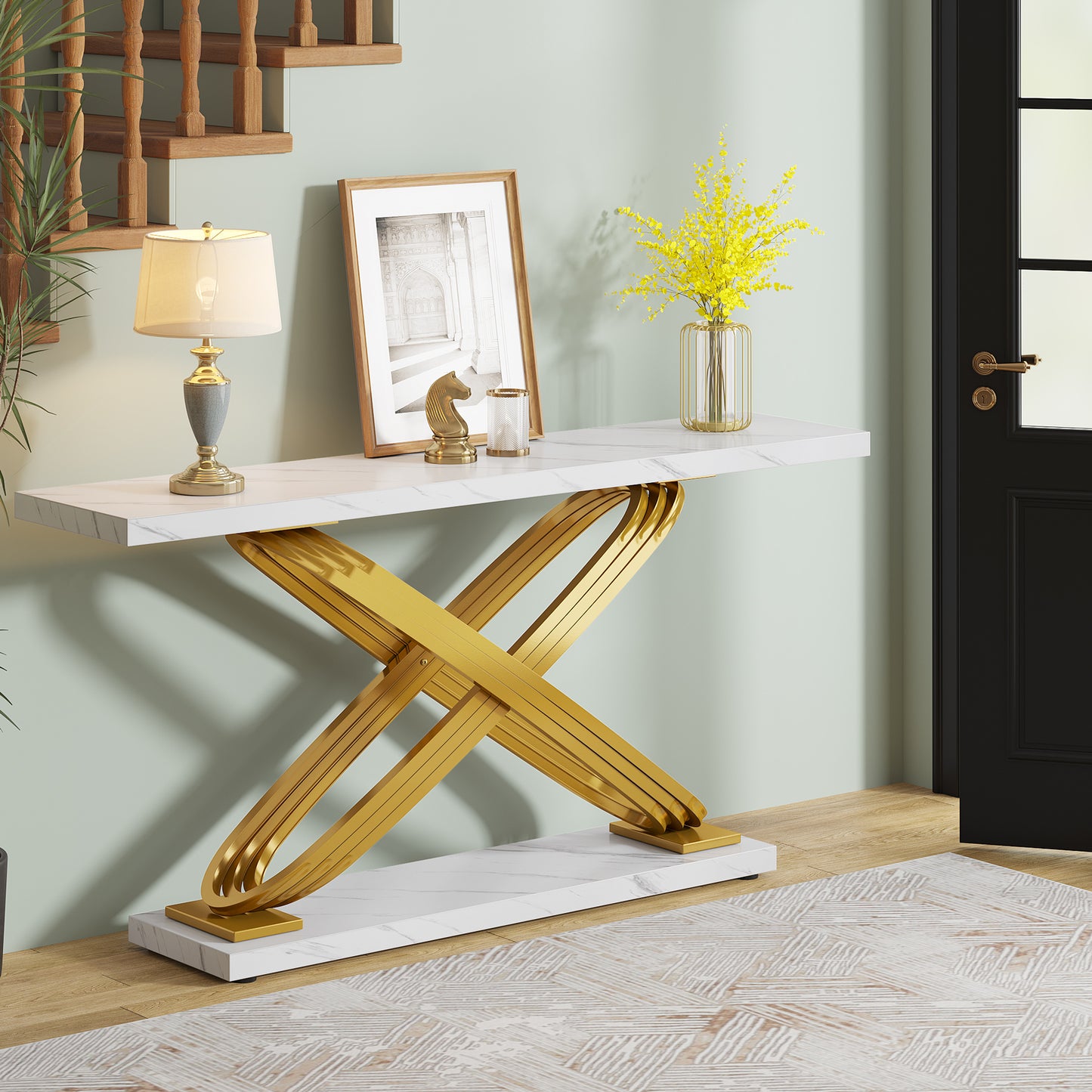 Sidetable – Consoletafel – Haltafel – Banktafel – Bijzettafel – Wit Faux Marmeren Blad – Gouden Metalen Frame – 139,7 cm Breed – Modern Design