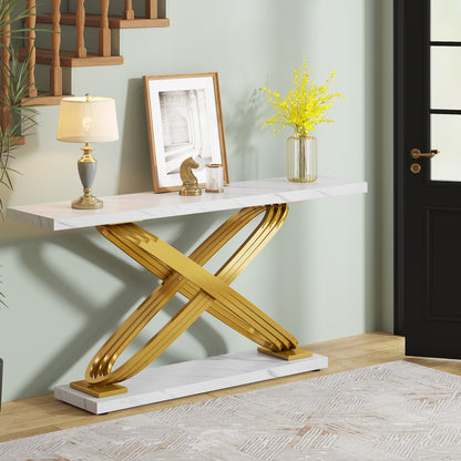 Sidetable – Consoletafel – Haltafel – Banktafel – Bijzettafel – Wit Faux Marmeren Blad – Gouden Metalen Frame – 139,7 cm Breed – Modern Design