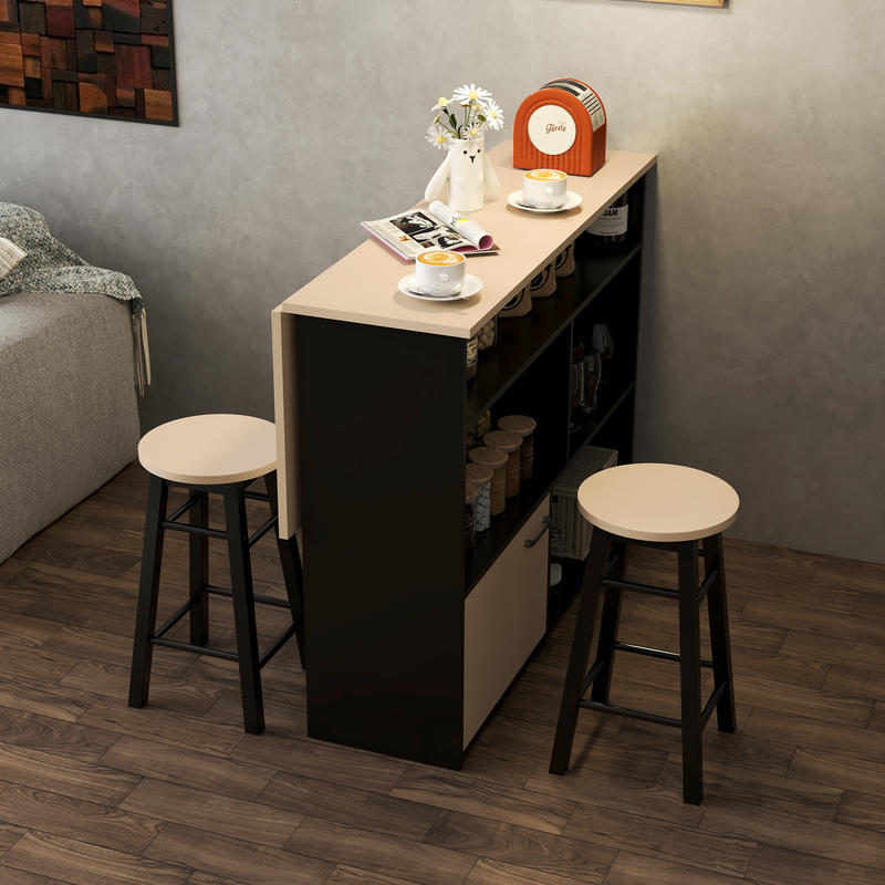 Barset – Barkrukken – Bartafel – Barmeubel – Barhoek – Opklapbaar Tafelblad – 6 Opbergruimtes – Metaal & Eikenhout – Compact & Stijlvol – Zwart/Beige – 116x70x89,5 cm