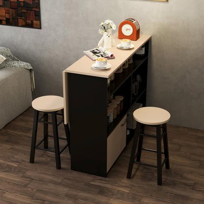 Barset – Barkrukken – Bartafel – Barmeubel – Barhoek – Opklapbaar Tafelblad – 6 Opbergruimtes – Metaal & Eikenhout – Compact & Stijlvol – Zwart/Beige – 116x70x89,5 cm